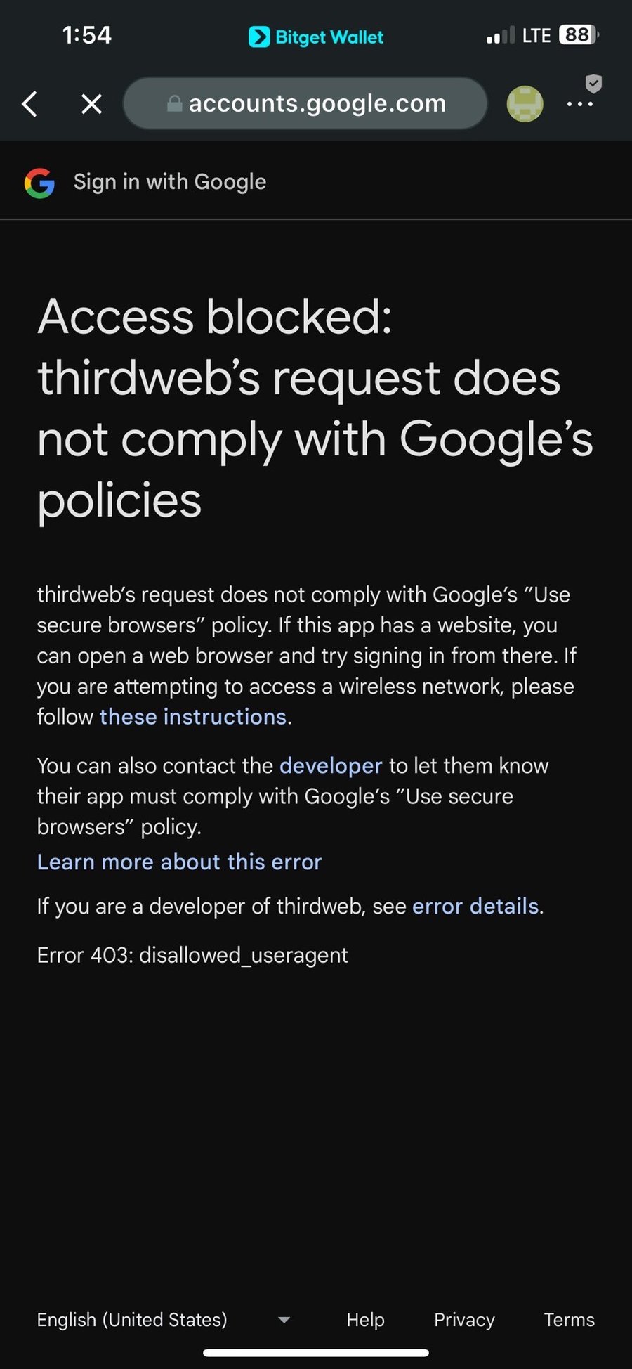 Google Sign-In returned a 403 disallowed_useragent error inside the Bitget Wallet browser.