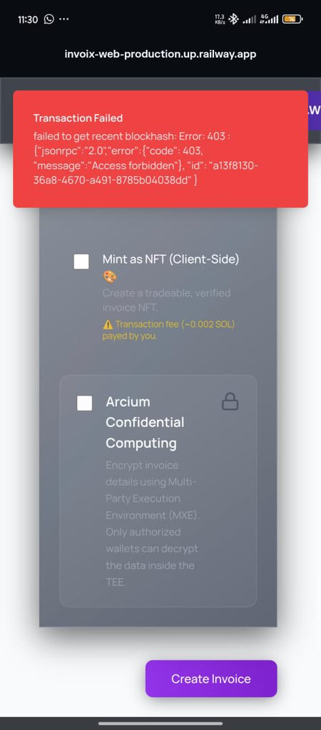 Invoice creation returning a 403 Access forbidden error.