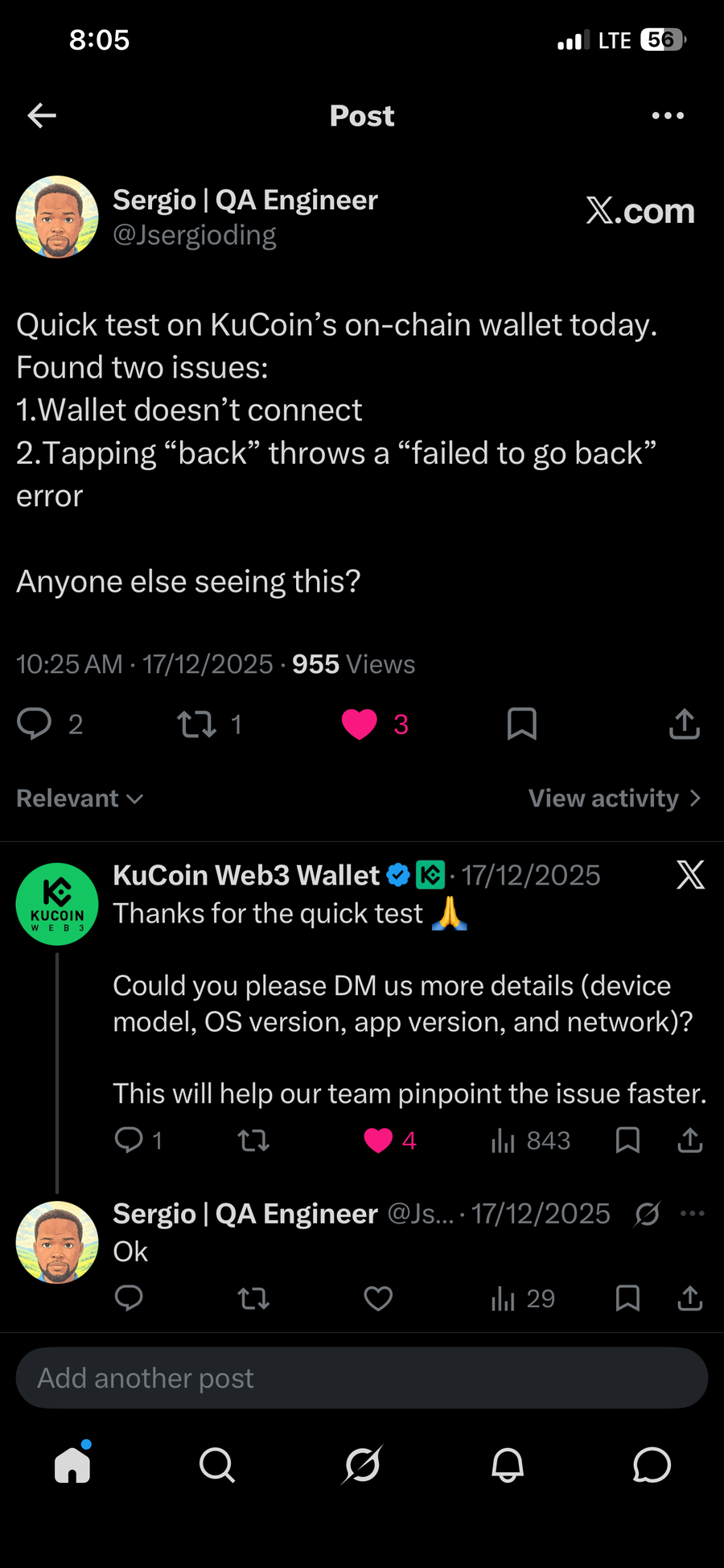 Public X report and acknowledgment from the KuCoin Web3 Wallet team.